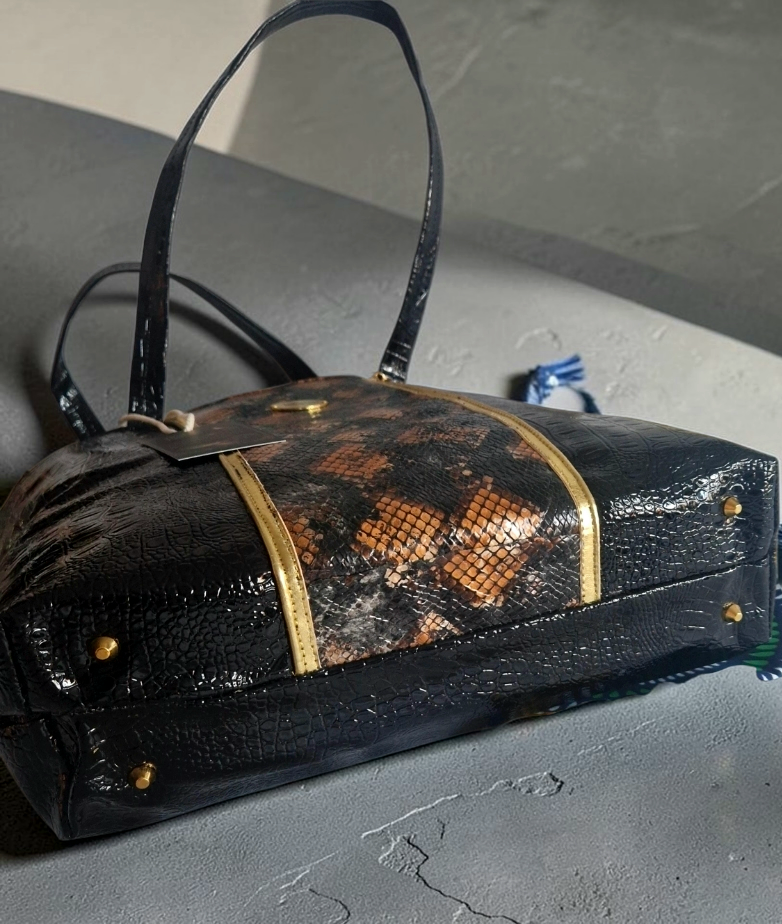 Snake Print Tote Bag – Handmade Vegan Leather Bag with African waxprint lining inside and matching waxprint dustbag