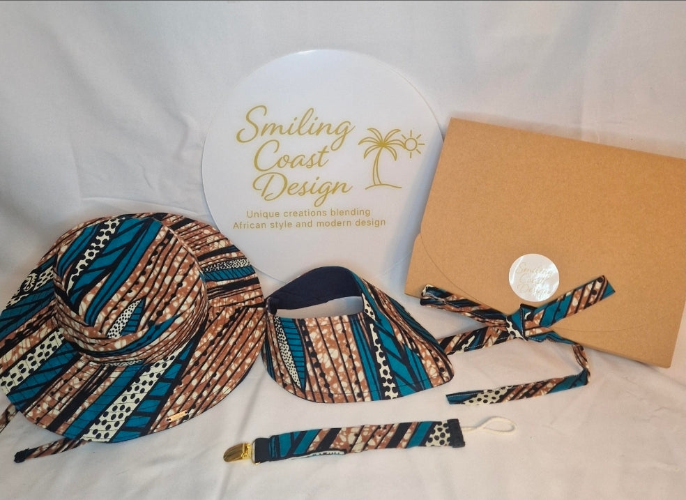 African Wax Print Baby Set –  Sun Hat, Bib & Pacifier Clip