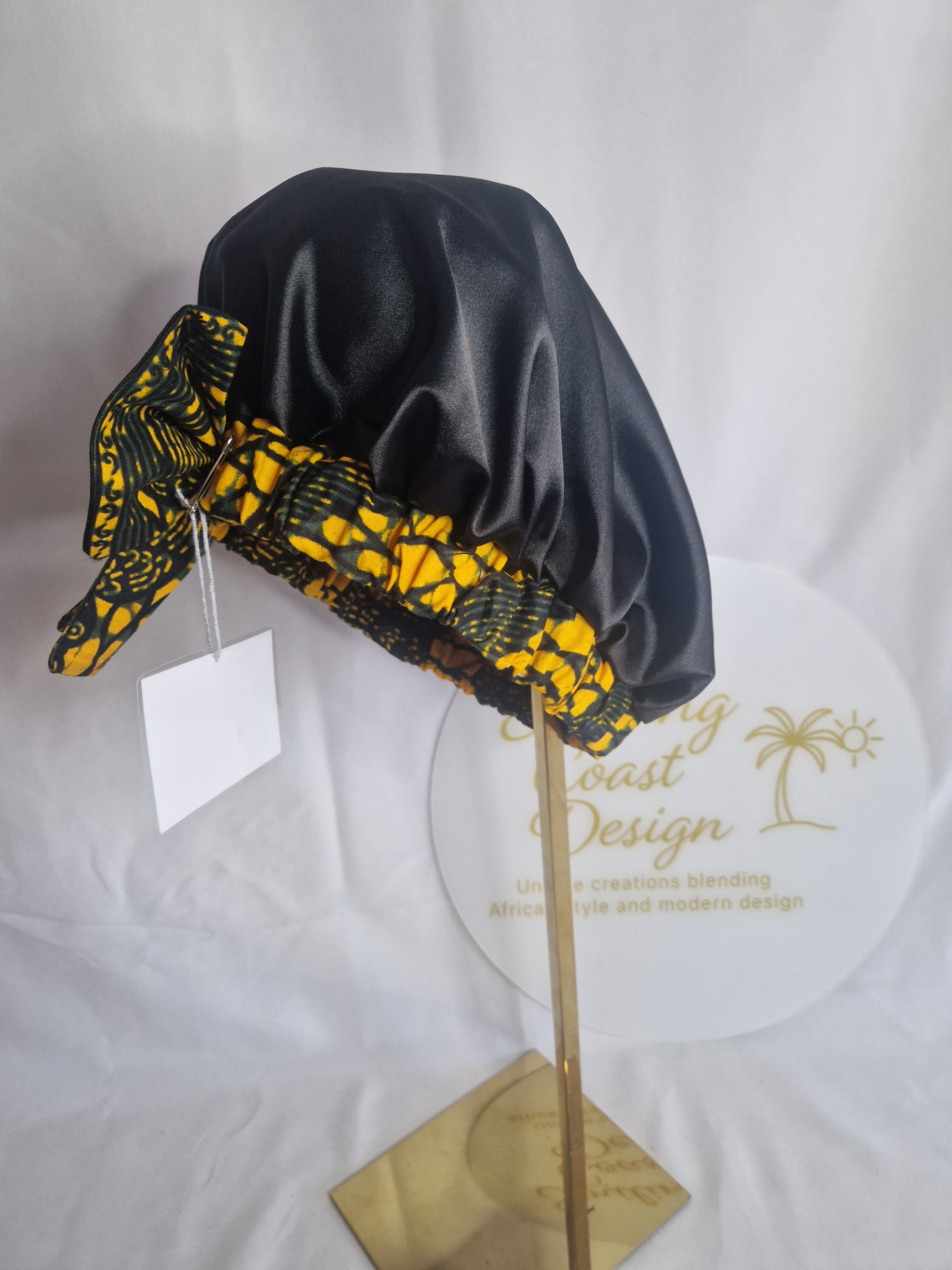 African Wax Print /Black Satin Bonnet – Hair Cap
