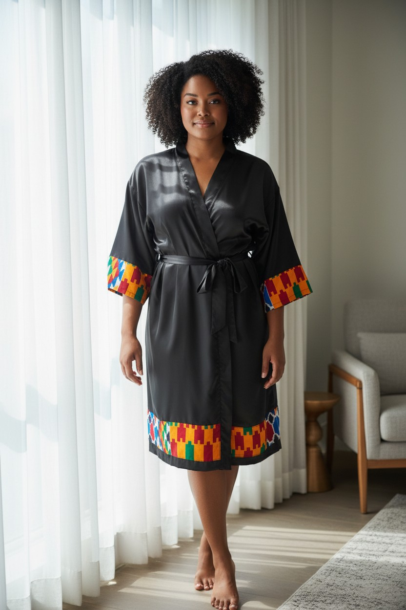 African Wax Print/Black Satin Kimono Robe