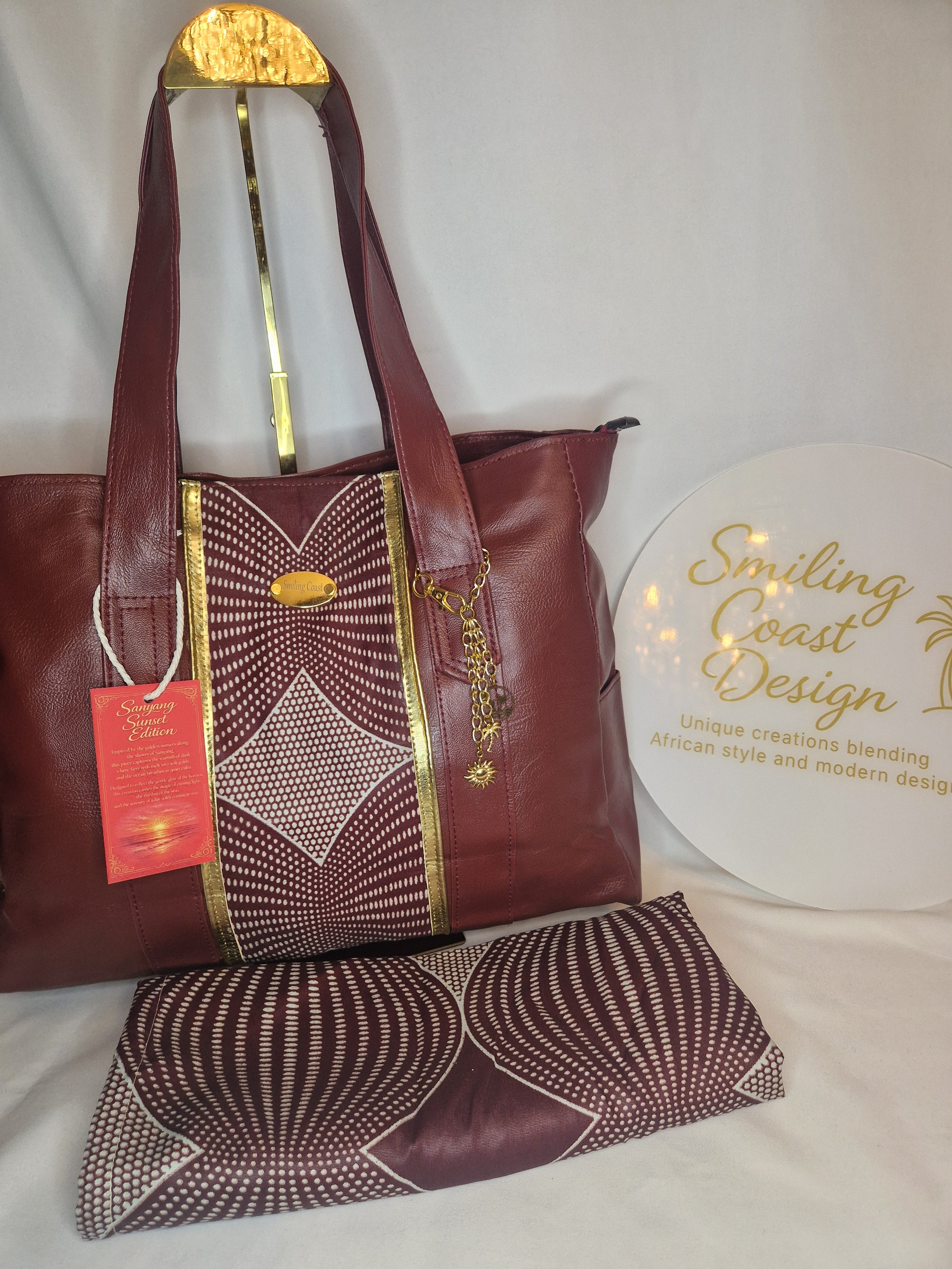 African waxprint Tote – Handmade Vegan Leather & African Wax Print |Sanyang Sunset Edition- Smiling Coast Design