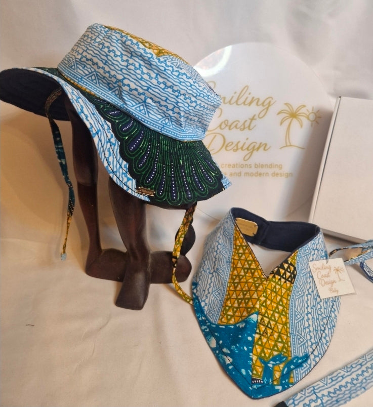 African Wax Print Baby Set – Sun Hat, Bib & Pacifier Clip size 0-12 month