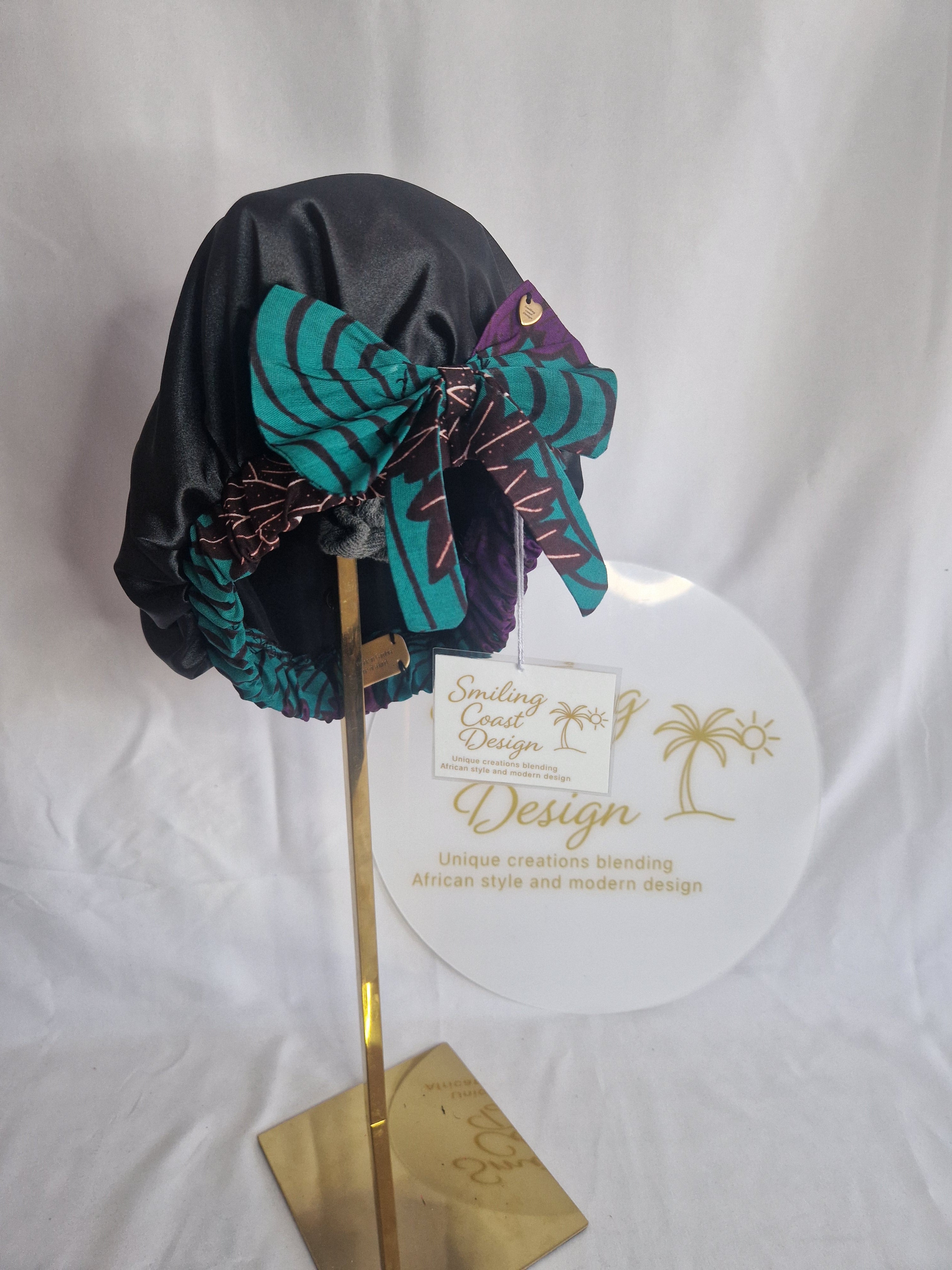 African Wax Print /Black Satin Bonnet – Hair Cap