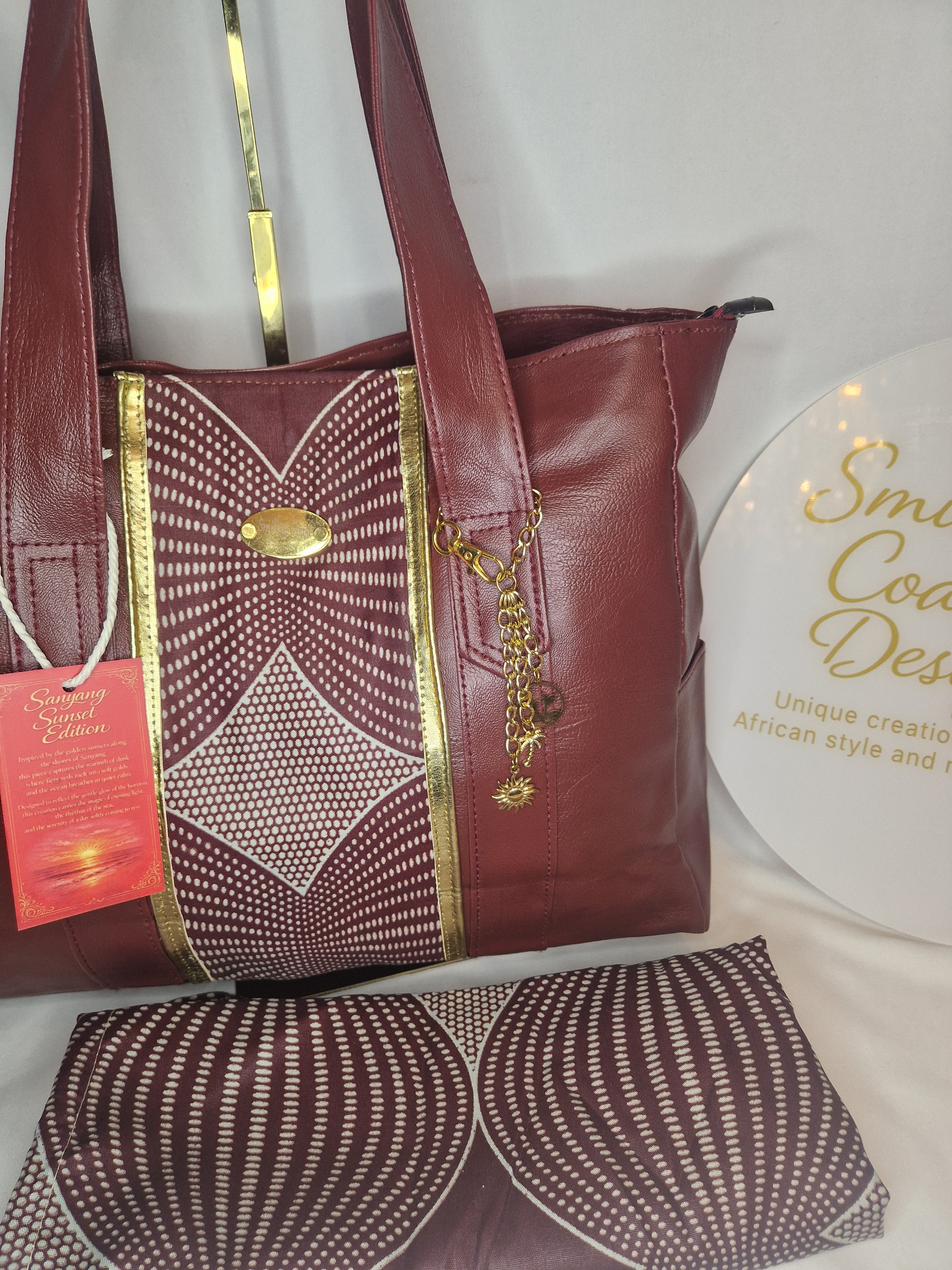 African waxprint Tote – Handmade Vegan Leather & African Wax Print |Sanyang Sunset Edition- Smiling Coast Design