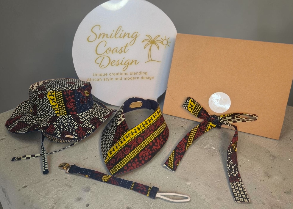African Wax Print Baby Set –  Sun Hat, Bib & Pacifier Clip