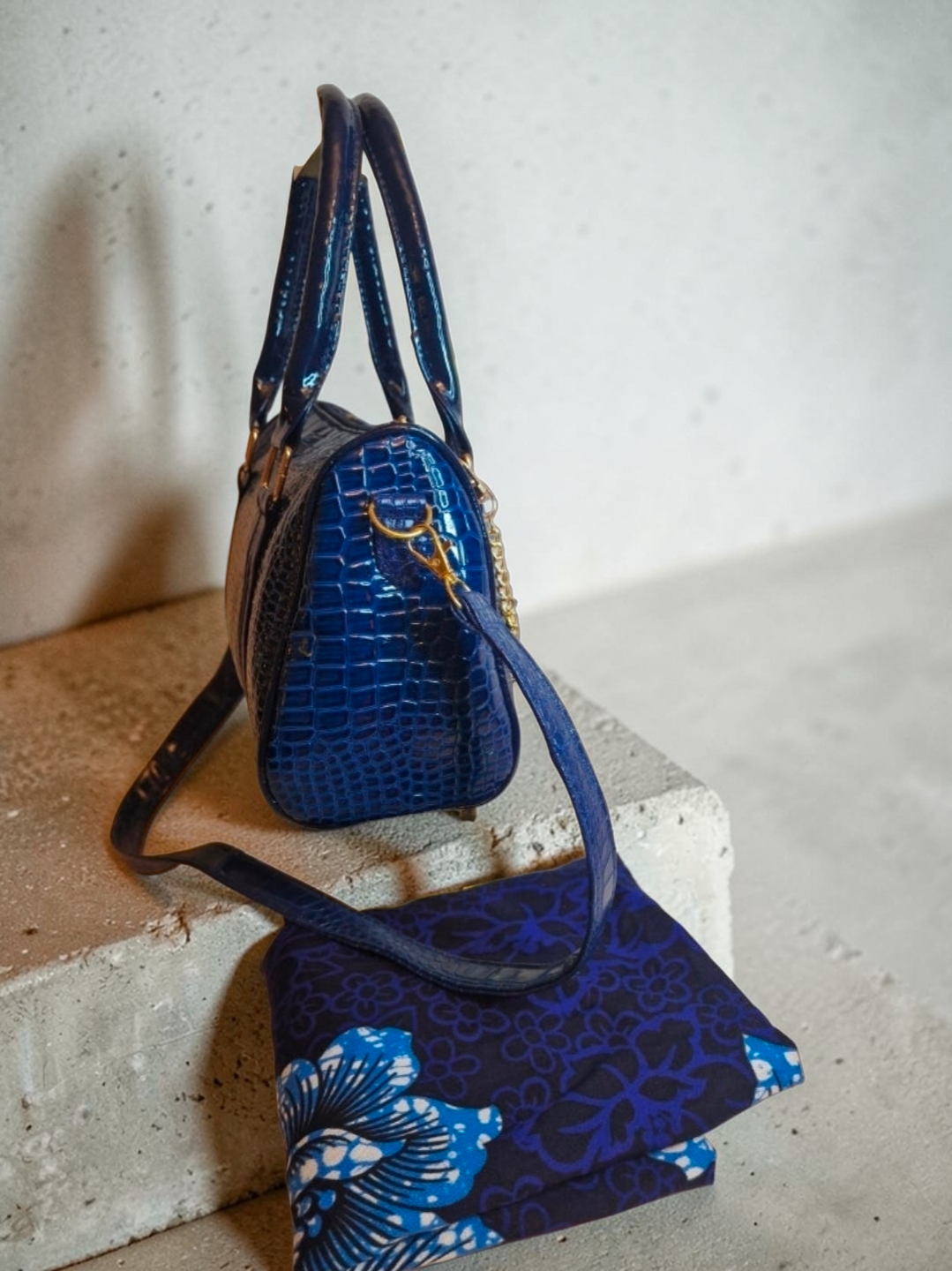 African Wax Print/Faux leather Barrel Bag with Pouch | River Gambia Edition