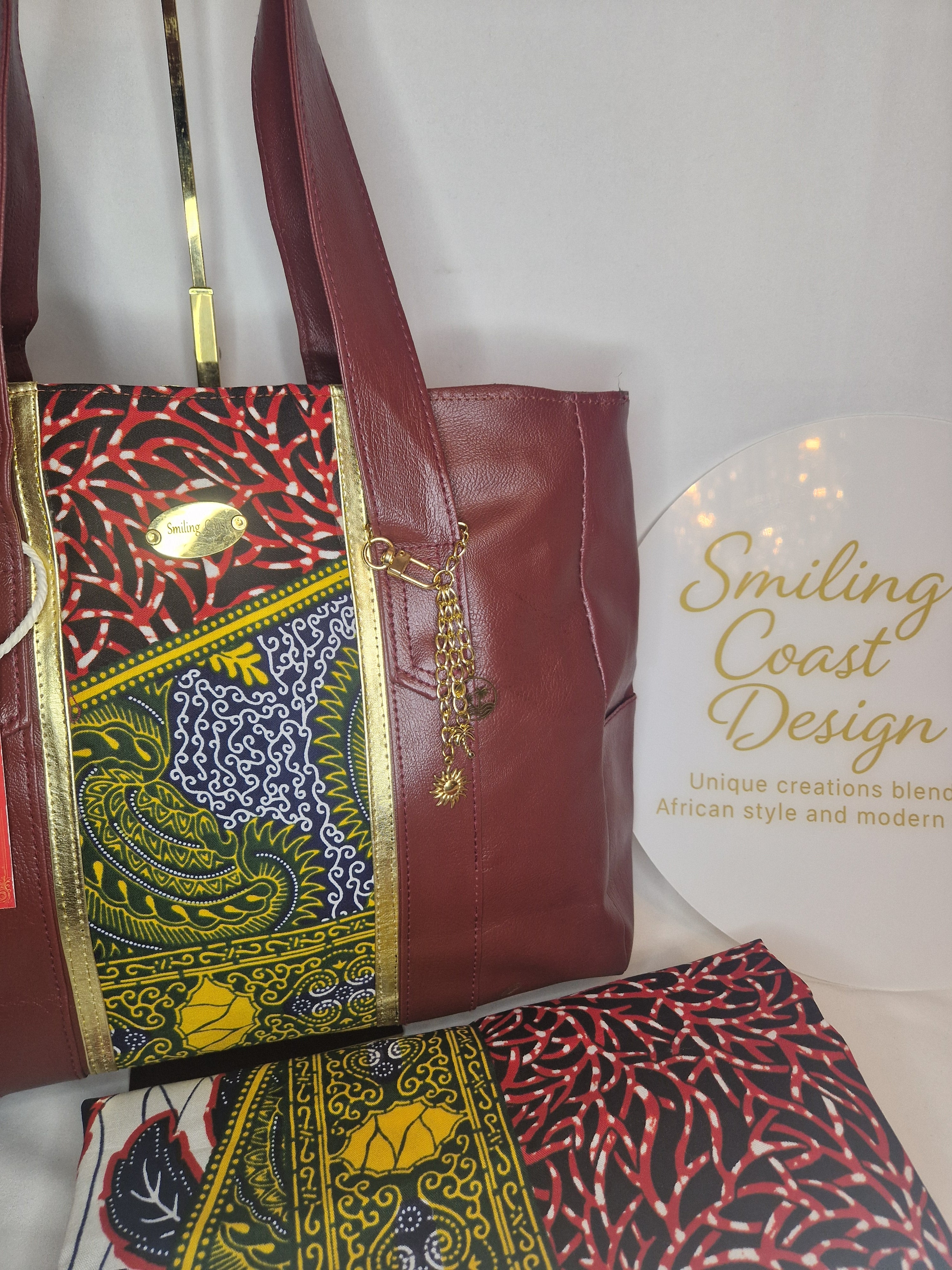 African waxprint Totebag – Handmade Vegan Leather & African Wax Print |Sanyang Sunset Edition- Smiling Coast Design