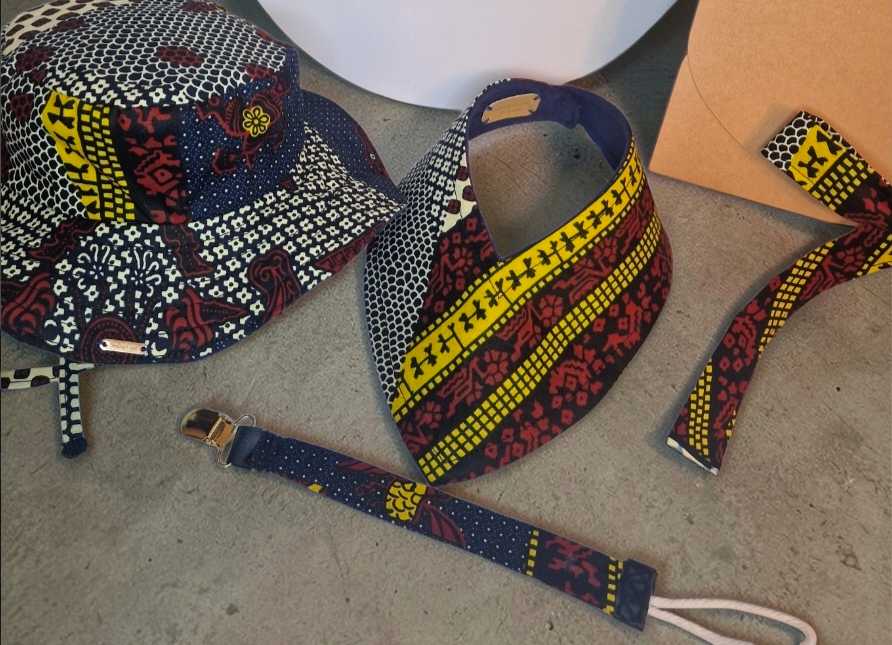 African Wax Print Baby Set –  Sun Hat, Bib & Pacifier Clip