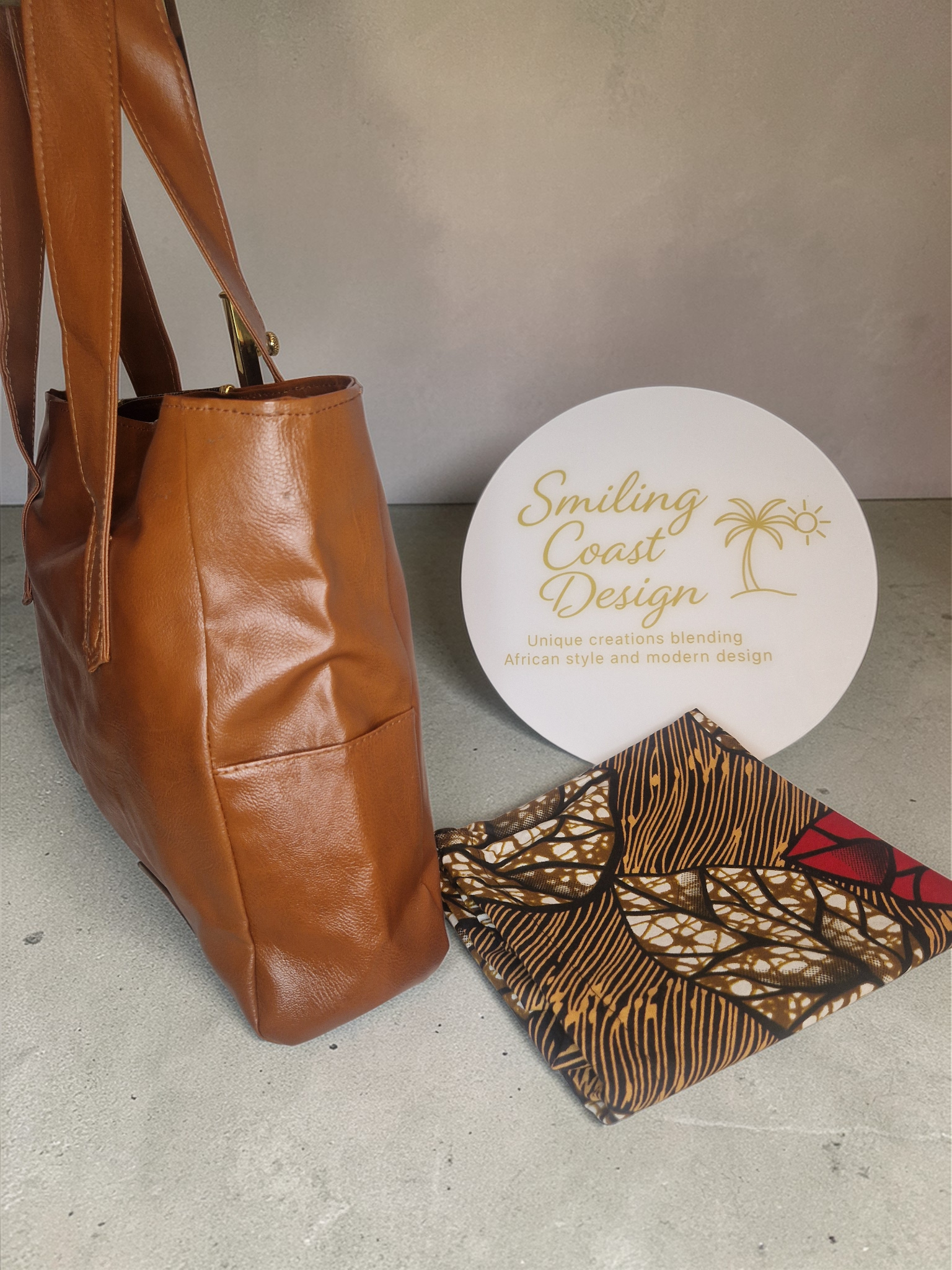 Snakeskin-print/Warm brown Tote – Handmade Vegan Leather & African Wax Print inside lining |Everlasting Baobab Edition