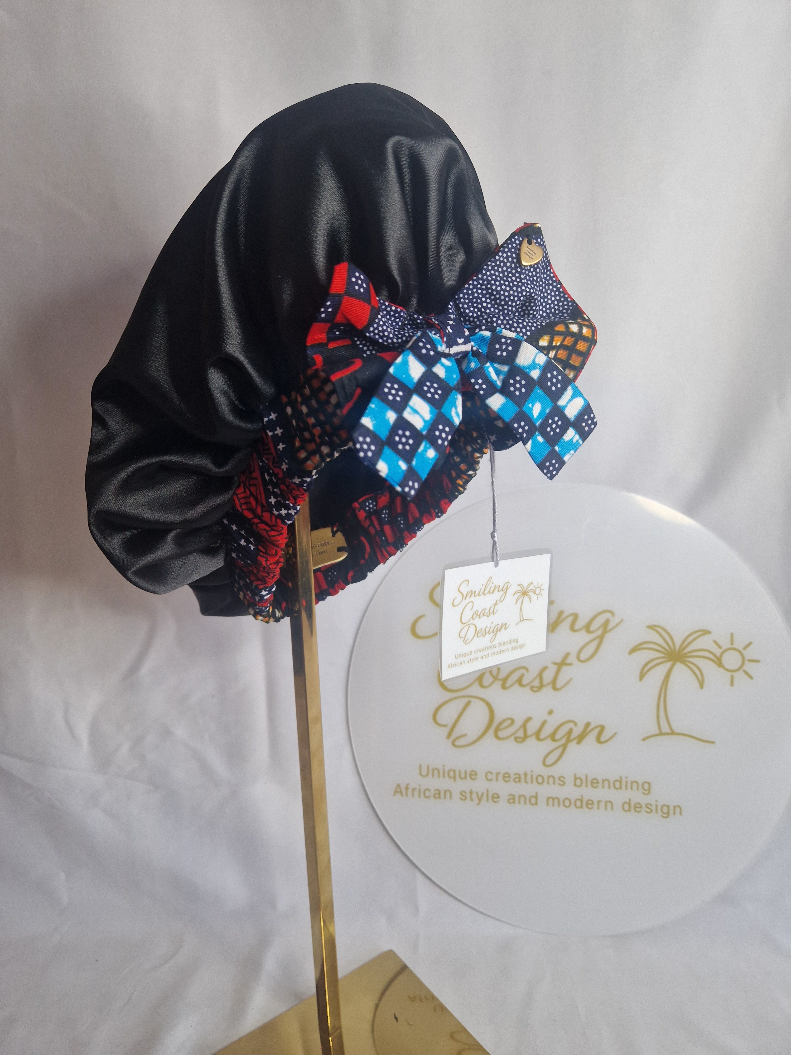 African Wax Print /Black Satin Bonnet – Hair Cap