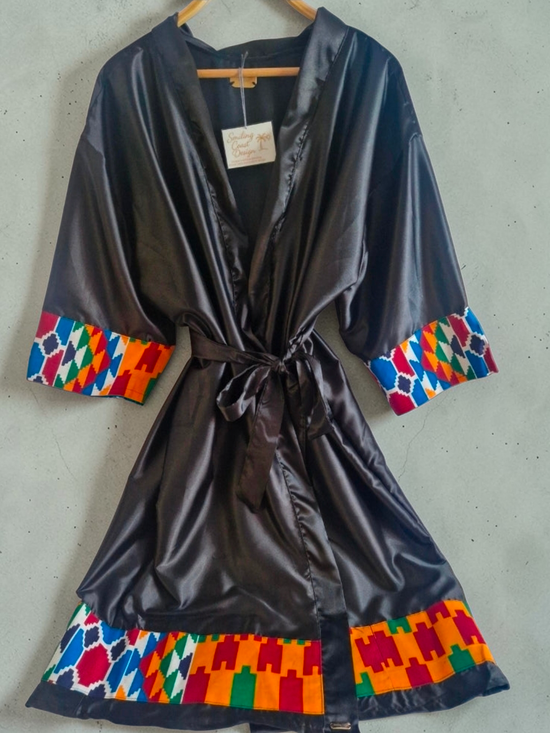 African Wax Print/Black Satin Kimono Robe