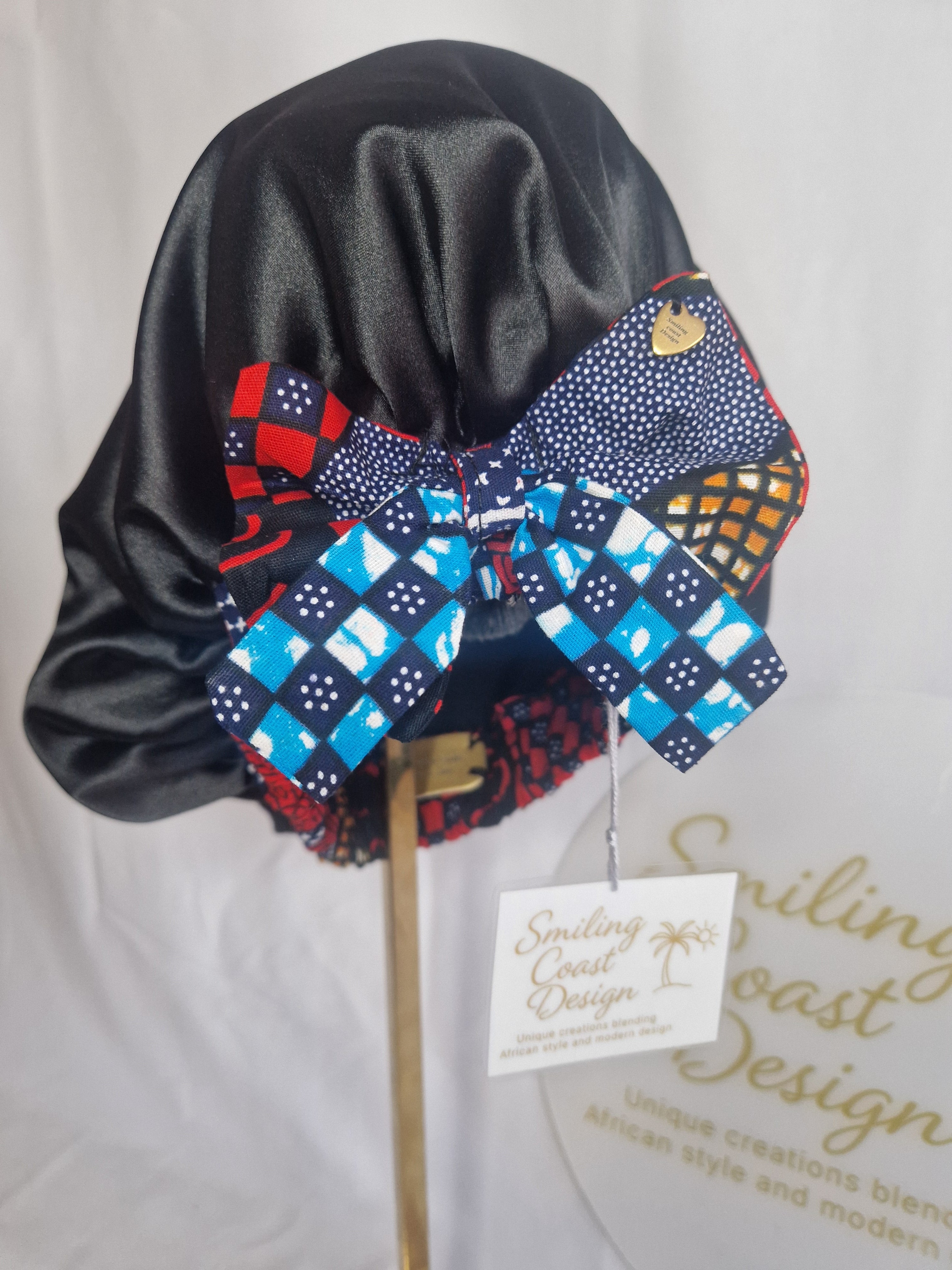 African Wax Print /Black Satin Bonnet – Hair Cap
