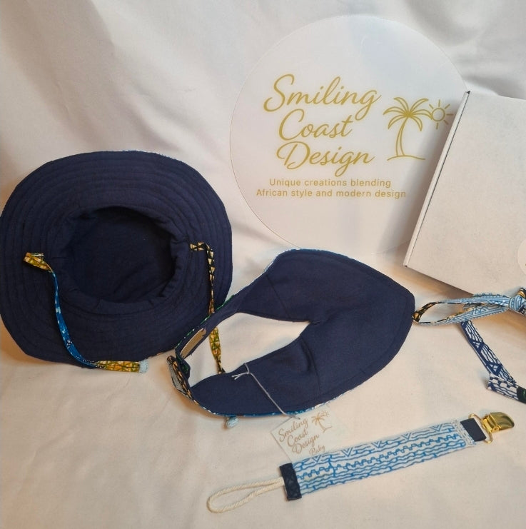 African Wax Print Baby Set – Sun Hat, Bib & Pacifier Clip size 0-12 month
