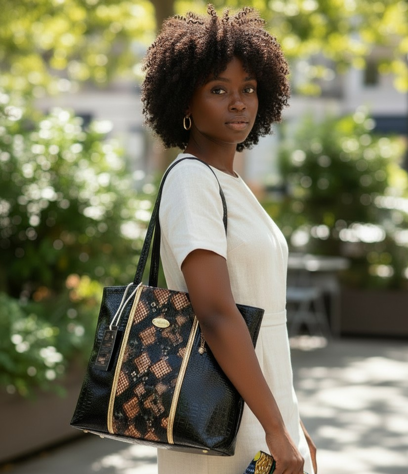 Snake Print Tote Bag – Handmade Vegan Leather Bag with African waxprint lining inside and matching waxprint dustbag