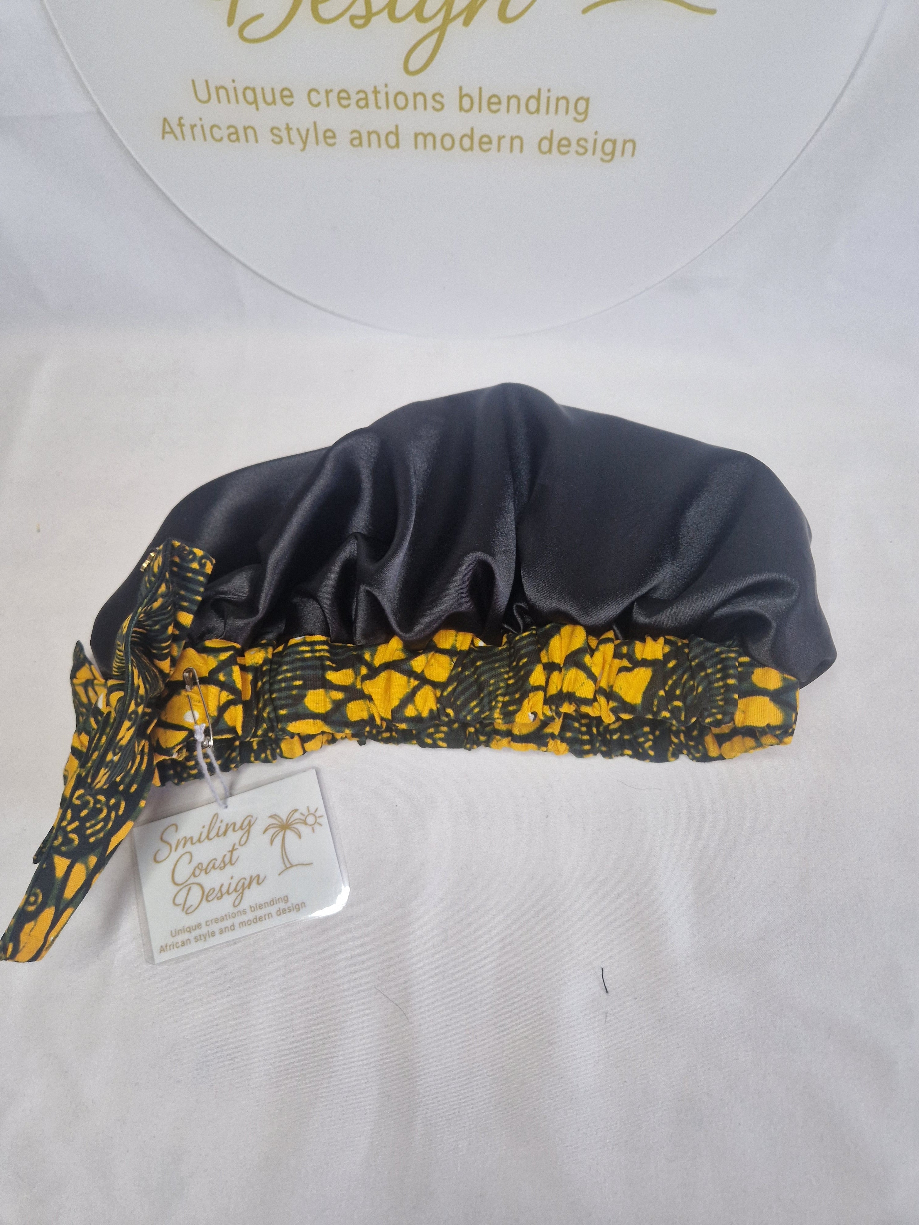 African Wax Print /Black Satin Bonnet – Hair Cap