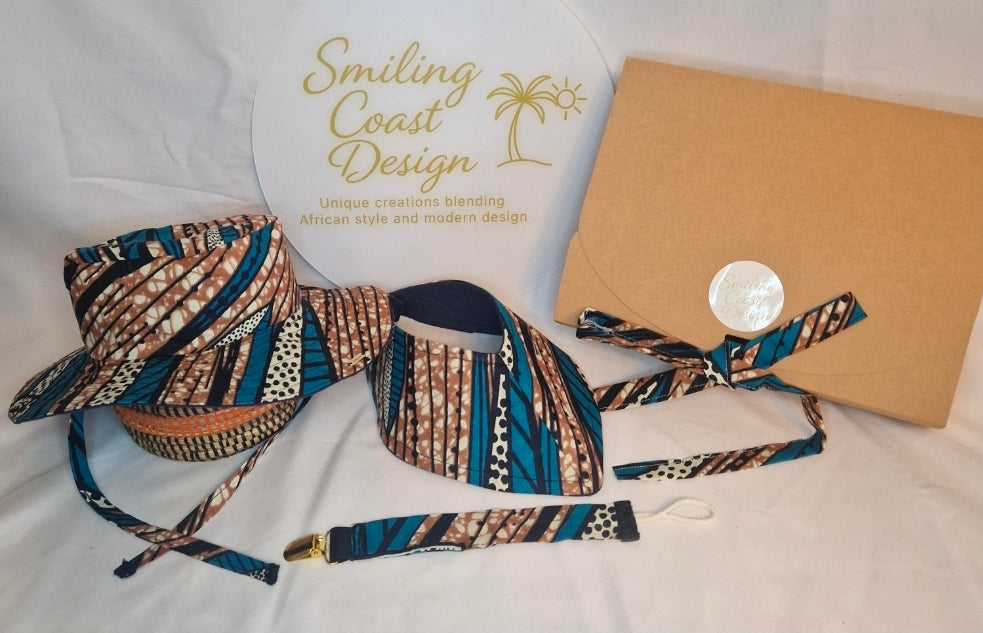 African Wax Print Baby Set –  Sun Hat, Bib & Pacifier Clip