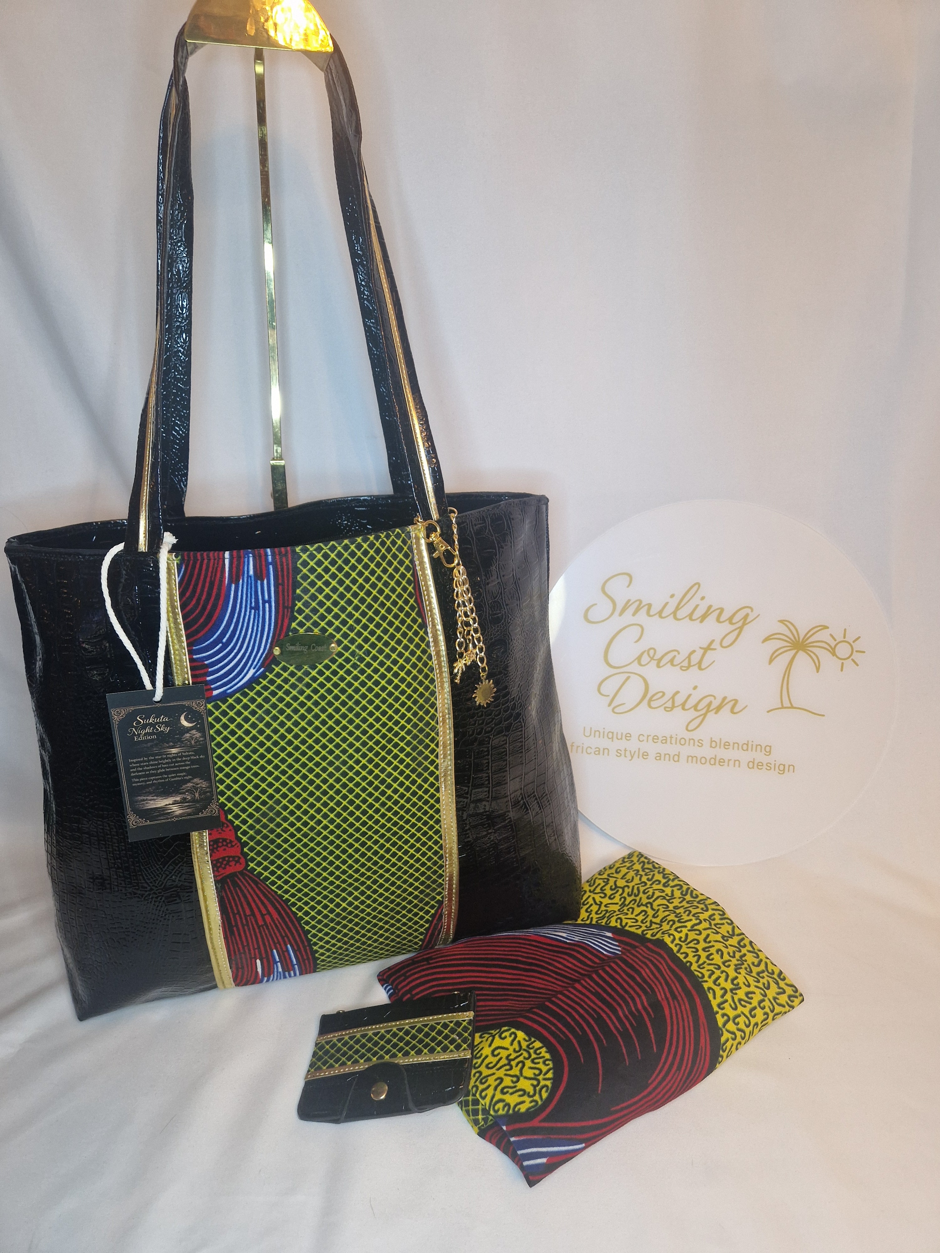 African waxprint Luxury Tote Set – Vegan Leather & African Wax Print |Sukuta Night Sky Edition- Smiling Coast Design