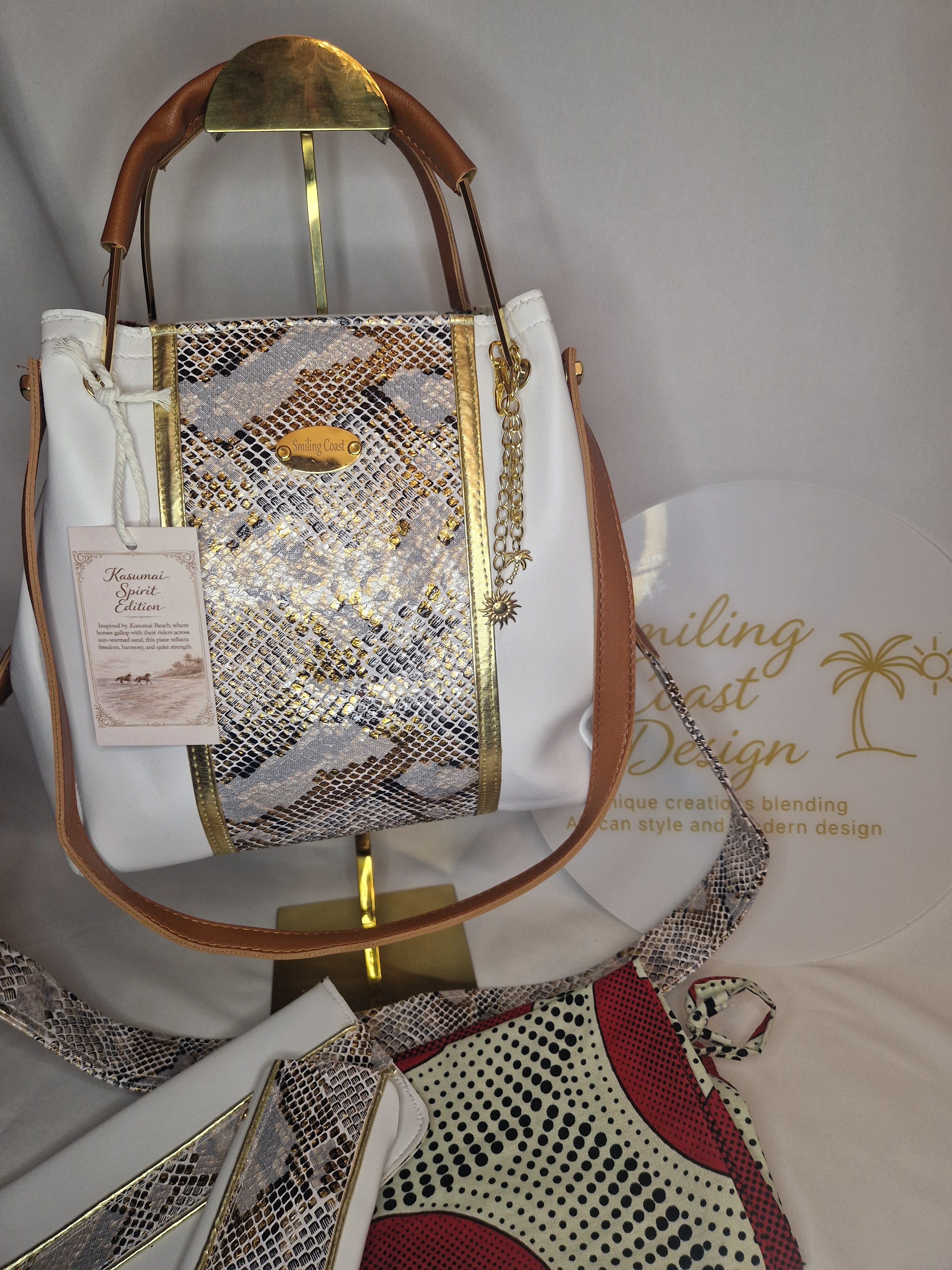 Snakeskinprint Handbag Set – Handmade Vegan Leather & African Wax Print inner lining and matcing dustbag| Kasumai Spirit Edition- Smiling Coast Design