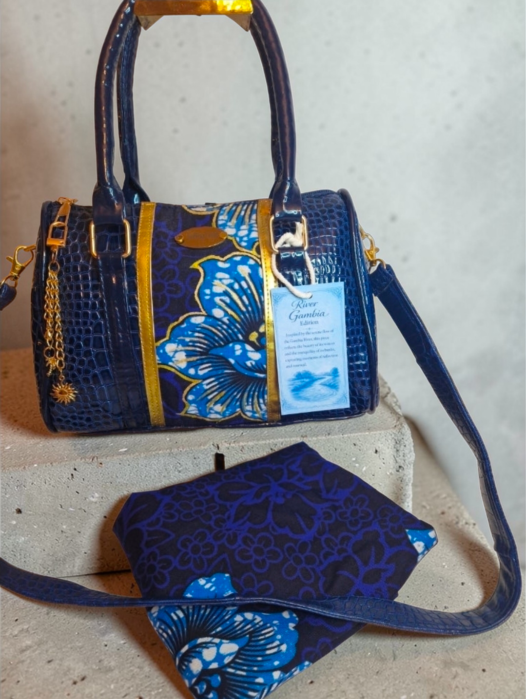 African Wax Print/Faux leather Barrel Bag with Pouch | River Gambia Edition