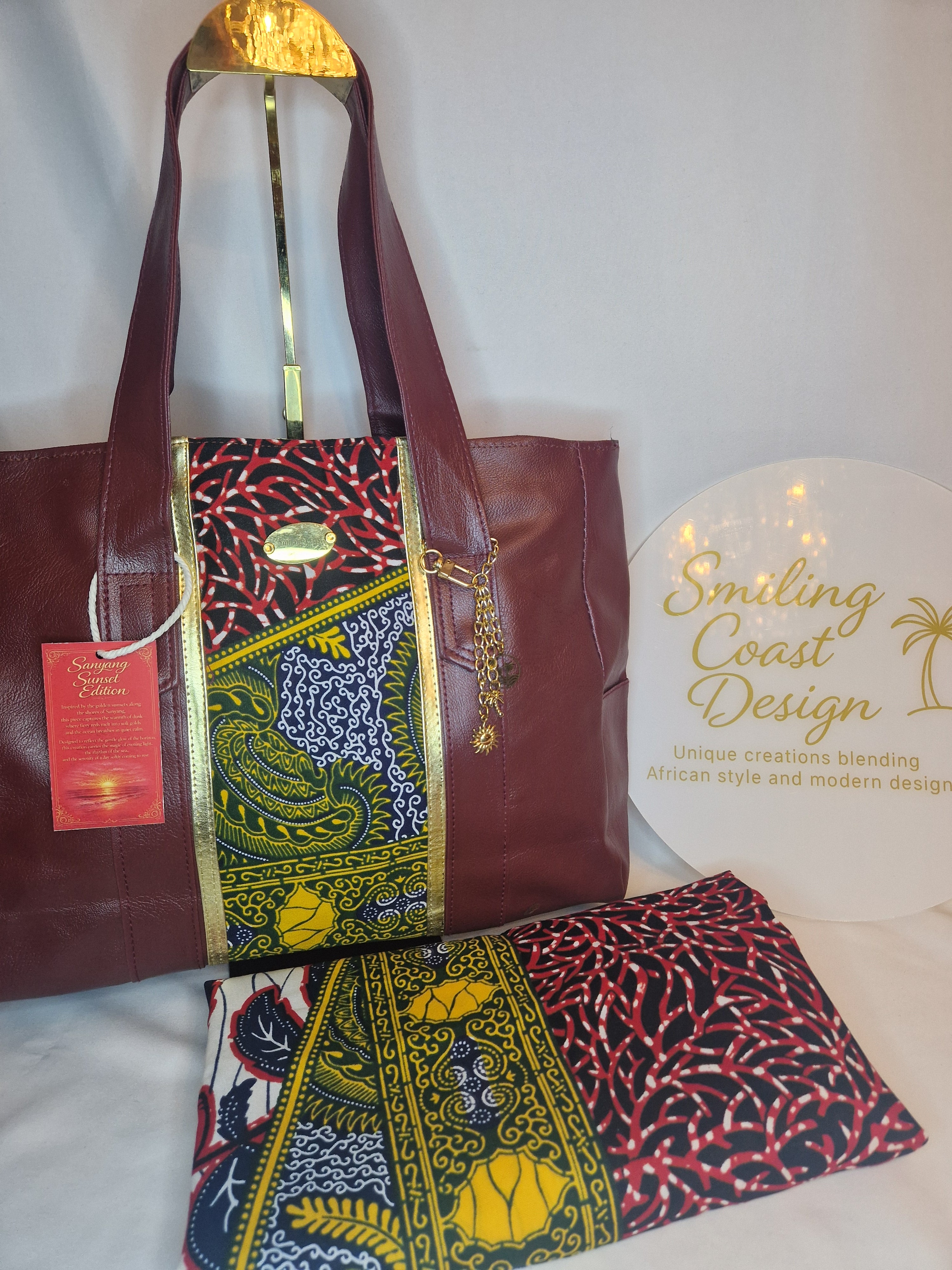African waxprint Totebag – Handmade Vegan Leather & African Wax Print |Sanyang Sunset Edition- Smiling Coast Design