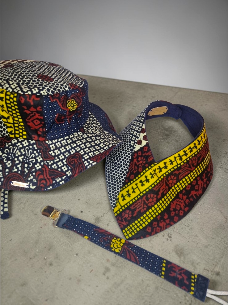 African Wax Print Baby Set –  Sun Hat, Bib & Pacifier Clip
