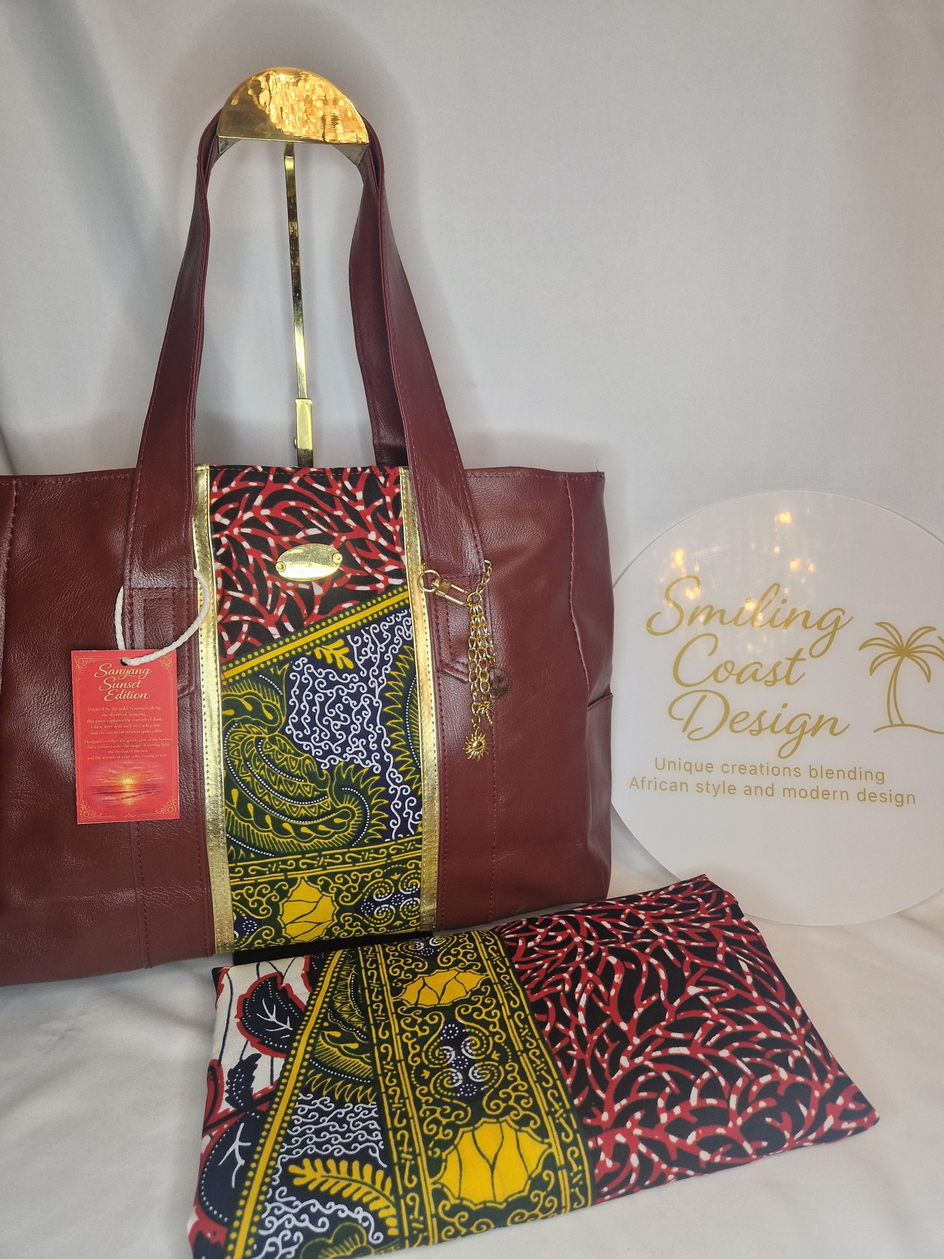 African waxprint Totebag – Handmade Vegan Leather & African Wax Print |Sanyang Sunset Edition- Smiling Coast Design