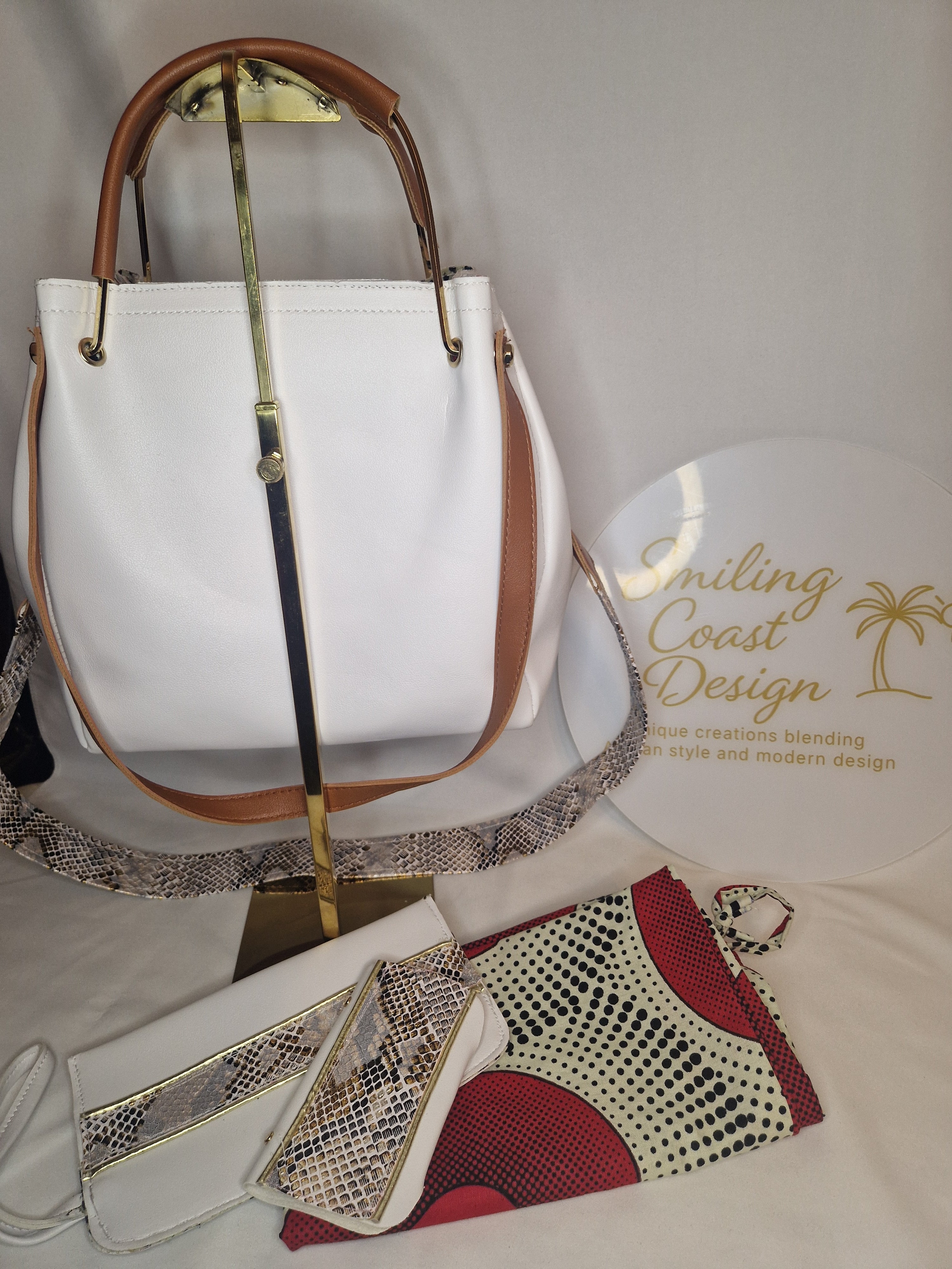 Snakeskinprint Handbag Set – Handmade Vegan Leather & African Wax Print inner lining and matcing dustbag| Kasumai Spirit Edition- Smiling Coast Design