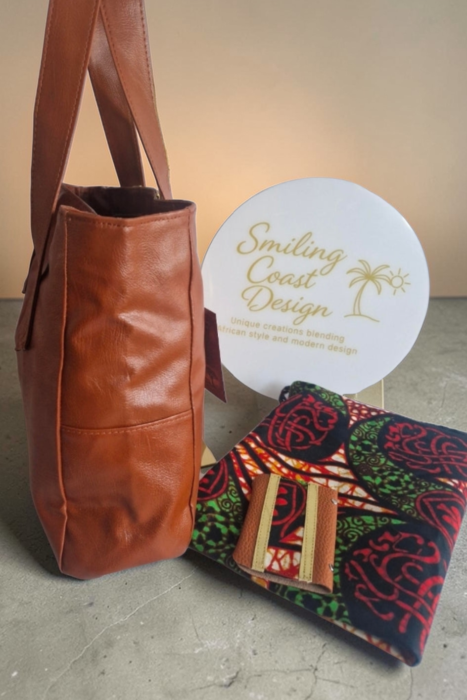 African Wax Print Handmade Vegan Leather Shopper and dustbag- Everlasting Baobab Edition