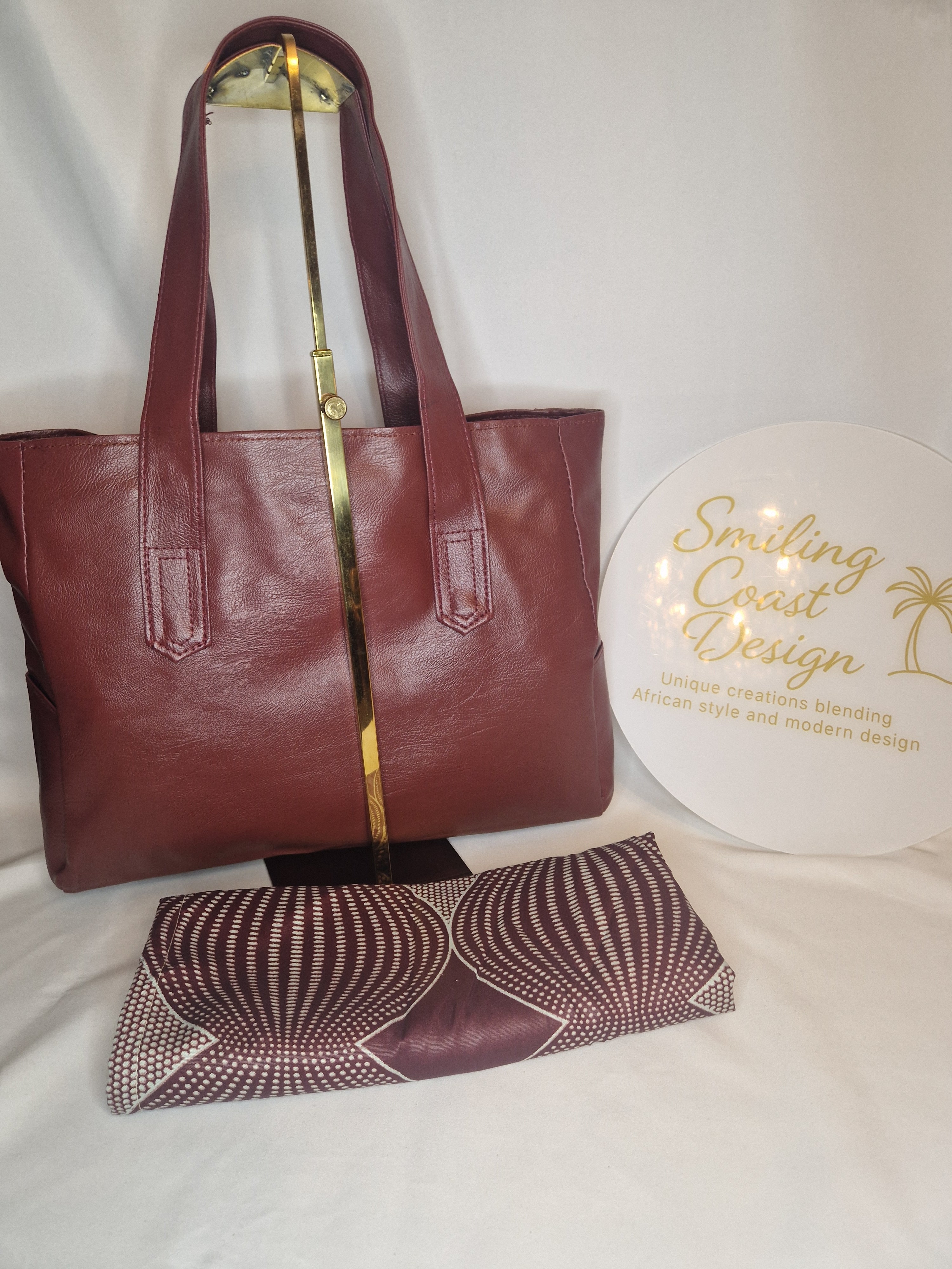 African waxprint Tote – Handmade Vegan Leather & African Wax Print |Sanyang Sunset Edition- Smiling Coast Design