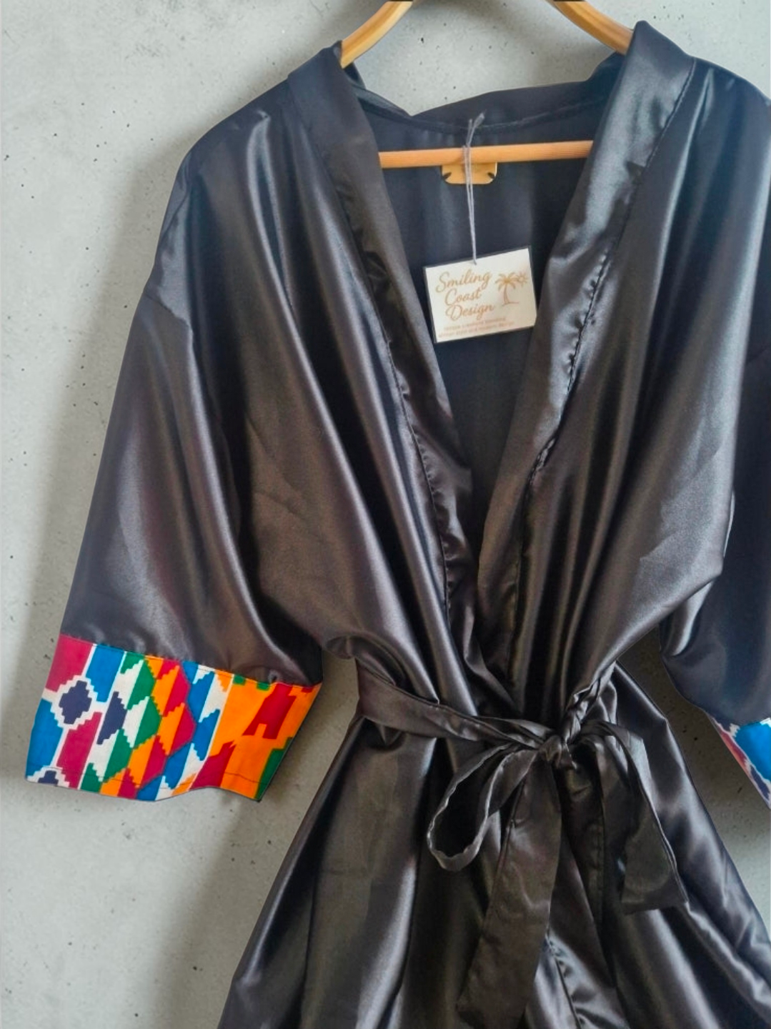 African Wax Print/Black Satin Kimono Robe