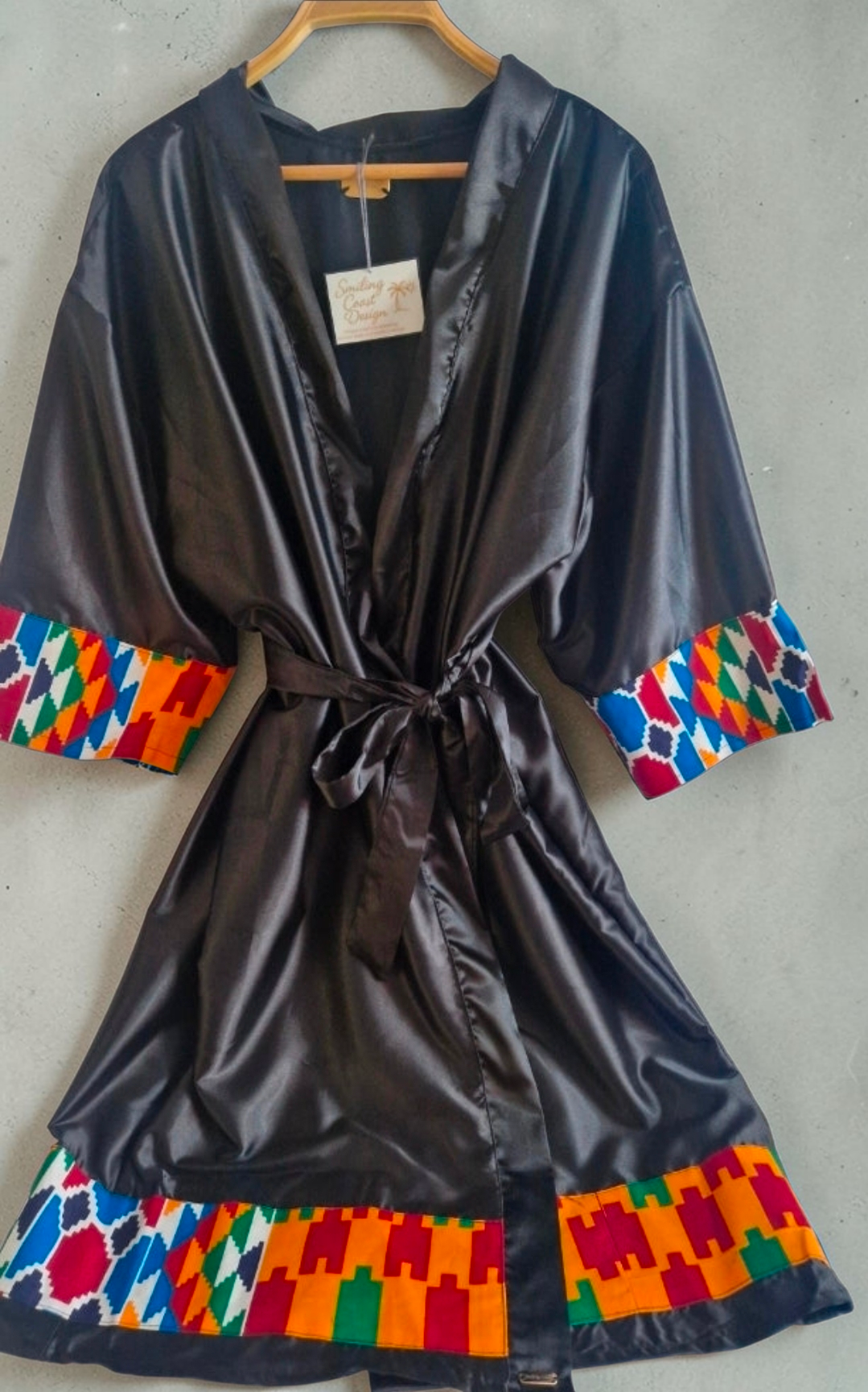African Wax Print/Black Satin Kimono Robe