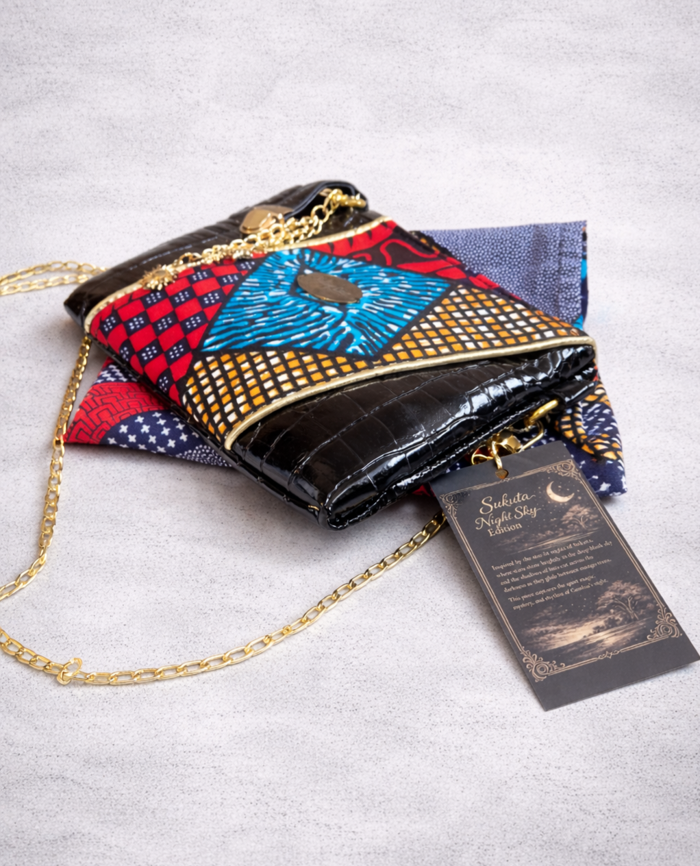 Sukuta Night Sky Edition Clutch – Handmade African Wax Print & Gold Details