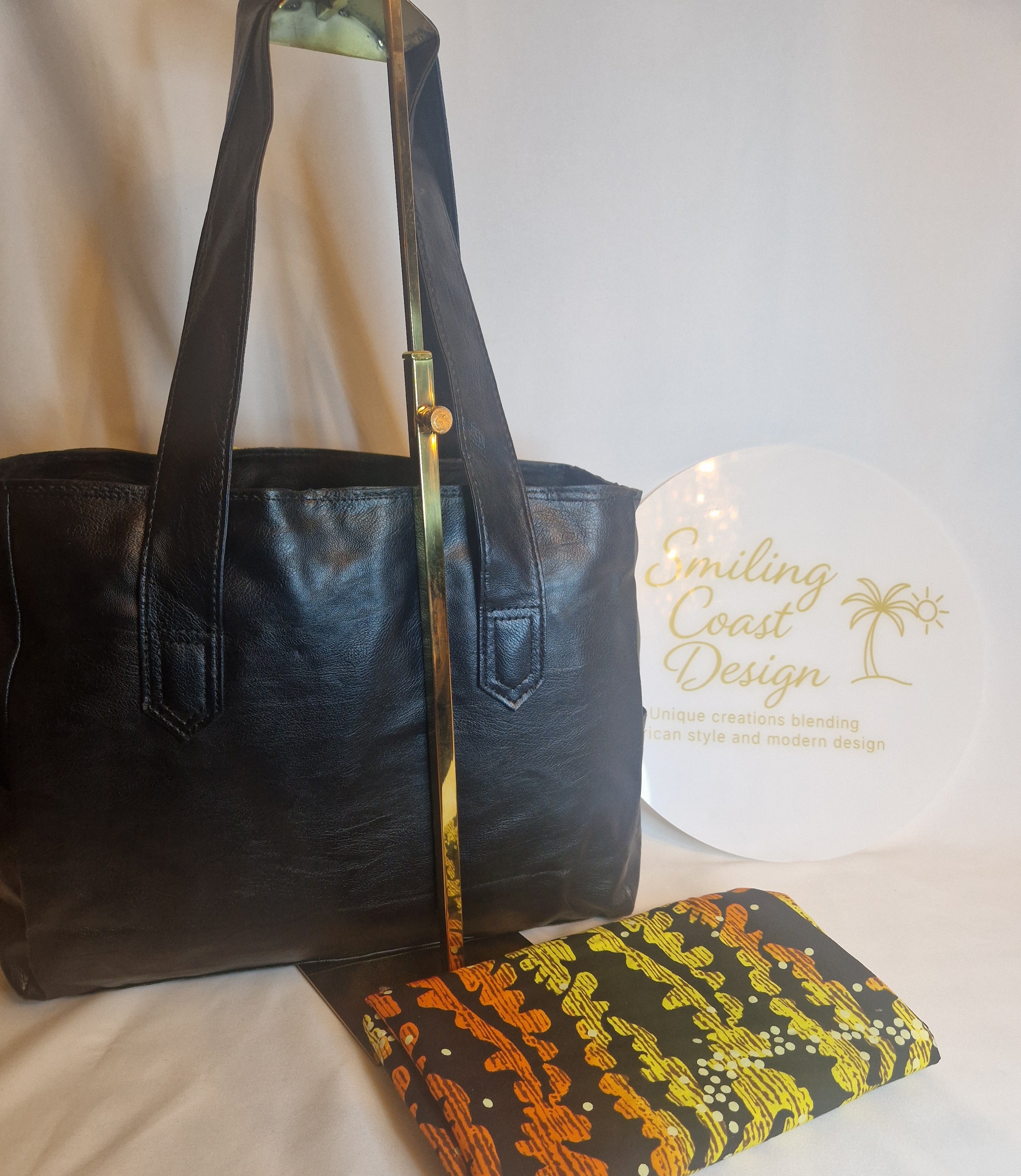 African waxprint Tote Bag – Handmade Vegan Leather & African Wax Print |Sukuta Night Sky Edition Smiling Coast Design