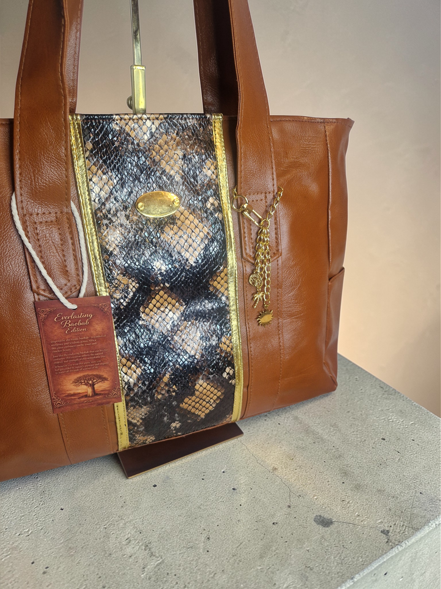 Snakeskin-print/Warm brown Tote – Handmade Vegan Leather & African Wax Print inside lining |Everlasting Baobab Edition